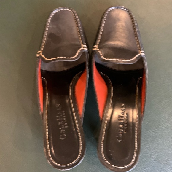 Cole Haan Square Toe Black Leather Loafer Mules w Wooden Stacked Low Heel Size 8 - Picture 15 of 16